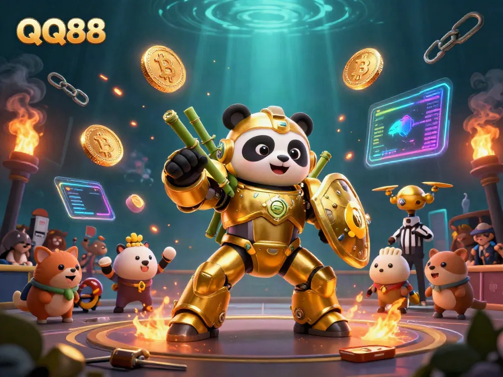 Experience QQ88 in a lively 3D digital scene with a golden panda and powerful robot, showcasing vibrant gaming elements.