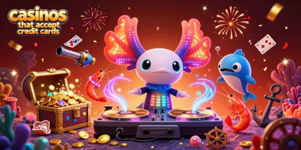 Experience thrilling fun at casinos that accept credit cards with vibrant illustrations of underwater DJs and treasure.
