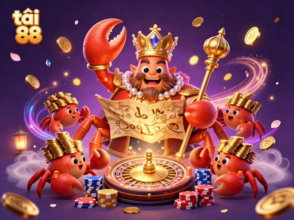 Experience the excitement of tải go 88 with a vibrant 3D illustration showcasing a golden crab emperor amidst a treasure-filled scene.