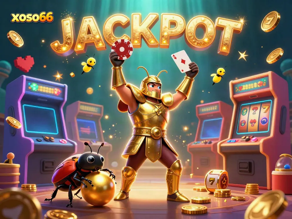 Xoso66 brings a thrilling casino experience with cartoon beetles celebrating jackpot wins among vibrant slot elements.