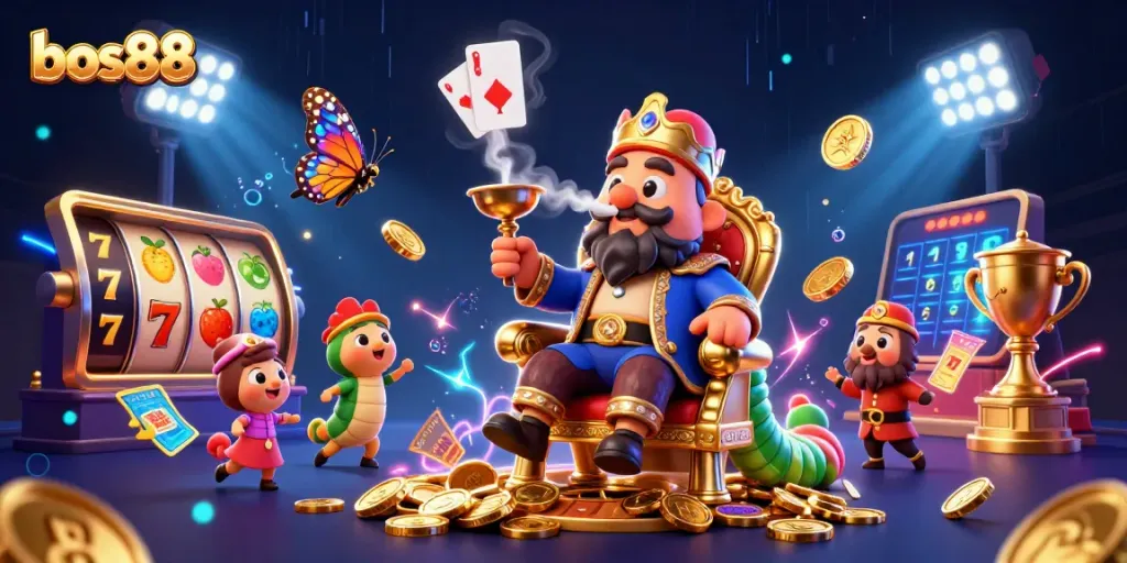 Experience the fun and excitement of bos88 with a vibrant 3D scene showcasing games and big wins.