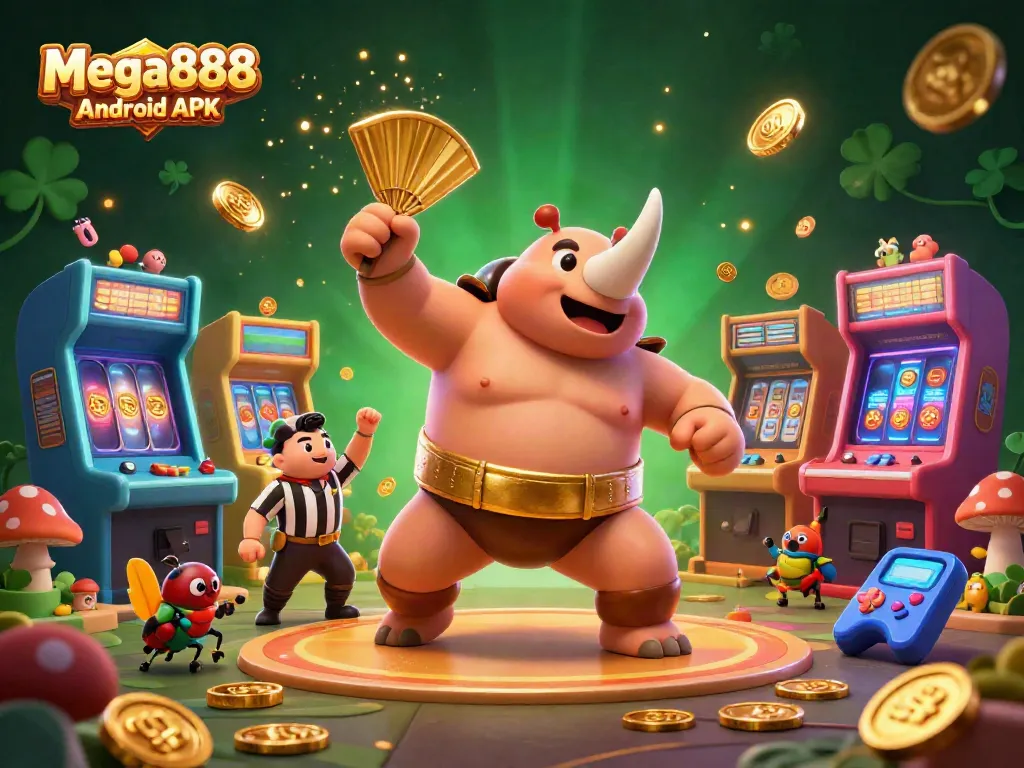 Experience exciting gameplay with the Mega888 Android APK as a beetle champion captivates the audience in a vibrant casino scene.