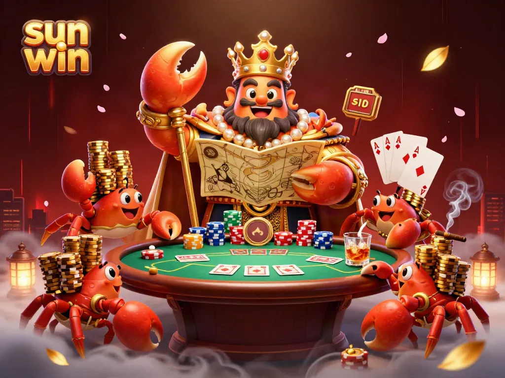 Sun win casino promotion with a golden crab emperor, poker elements, and vibrant atmosphere.