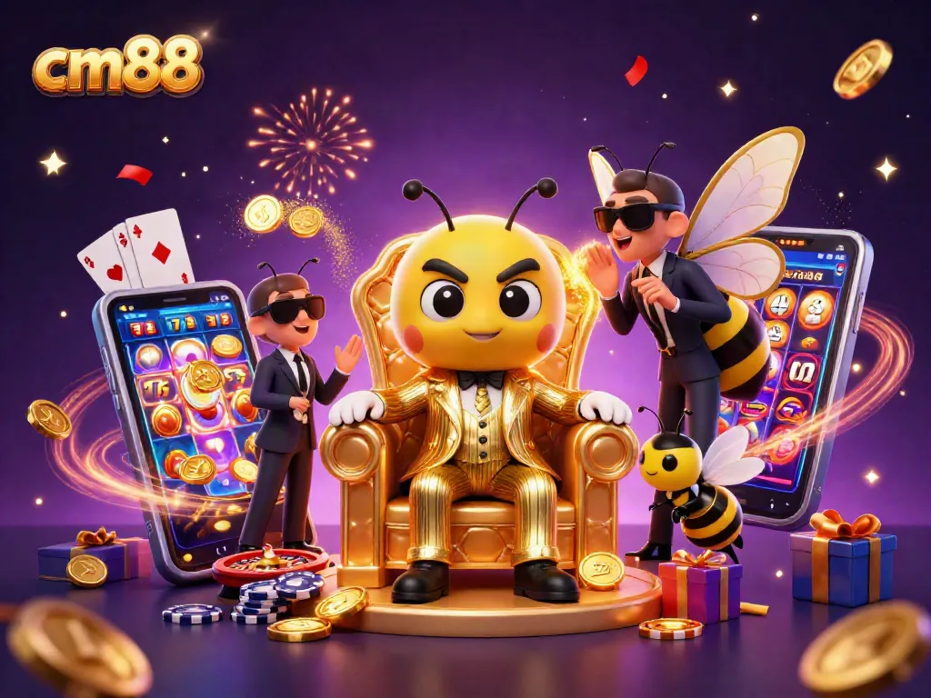 Experience the exciting world of cm88 with a vibrant 3D casino scene full of slot games and animated characters.
