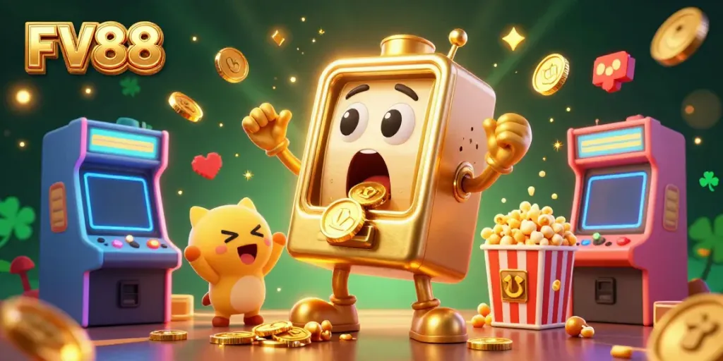 Experience the excitement of FV88 with a golden slot machine winning a jackpot, surrounded by colorful gaming elements.