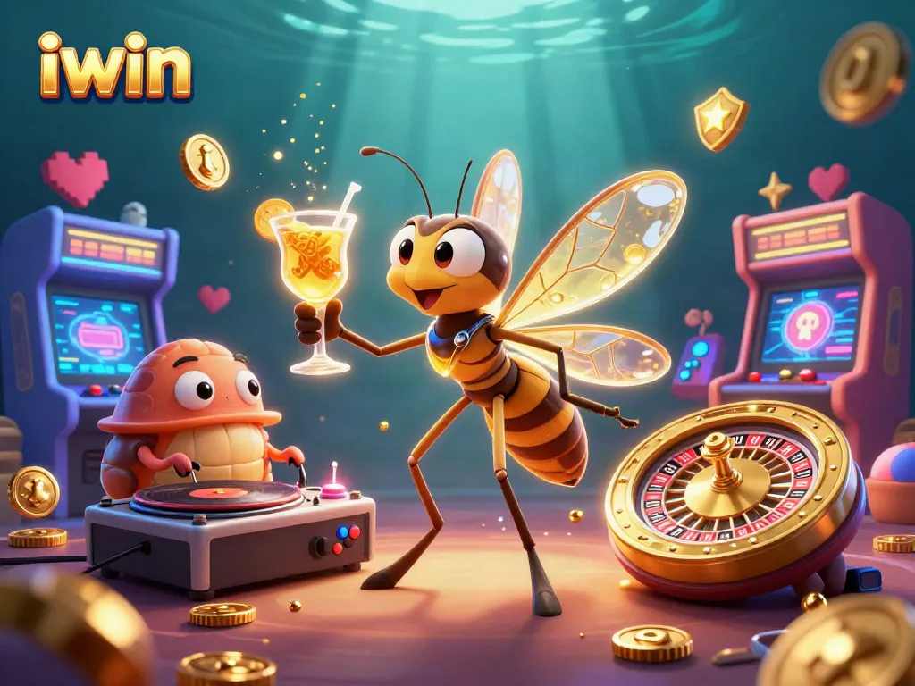 iwin showcases a cartoon casino mascot with a golden cocktail, creating a vibrant gaming atmosphere.