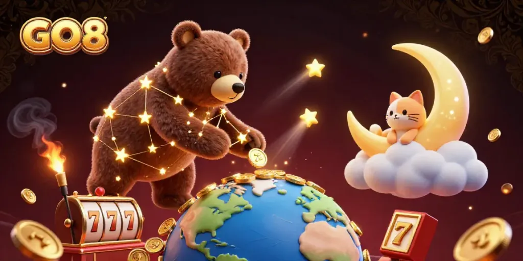 GO8 constellation bear scooping coins in a vibrant casino scene full of slot reels and lucky symbols
