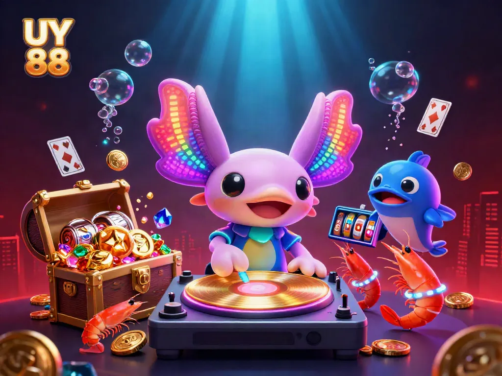 Trải nghiệm UY 88 với DJ axolotl và slot, tạo không gian giải trí dưới nước.