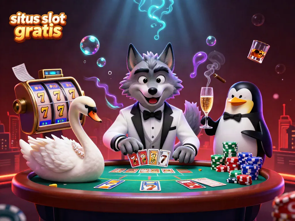 Engage with the excitement of situs slot gratis featuring a debonair wolf, elegant swan, and sophisticated penguin in a vibrant casino scene.