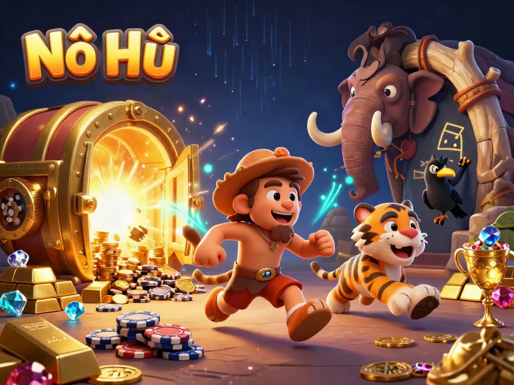 Spin the reels at Nổ Hũ and win with vibrant treasures in a prehistoric casino setting.