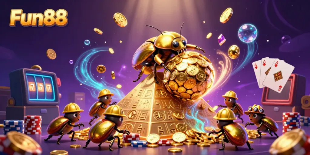 Experience Fun88 excitement with cartoon beetles rolling golden coins in a vibrant casino scene.