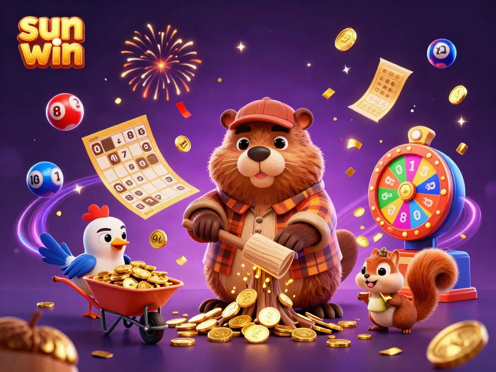 Experience the excitement of sun win gaming with colorful elements and dynamic characters collecting coins.