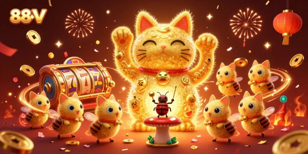 Engage with 88VV's vibrant slots scene featuring a lucky cat, dazzling fireflies, and festive décor.