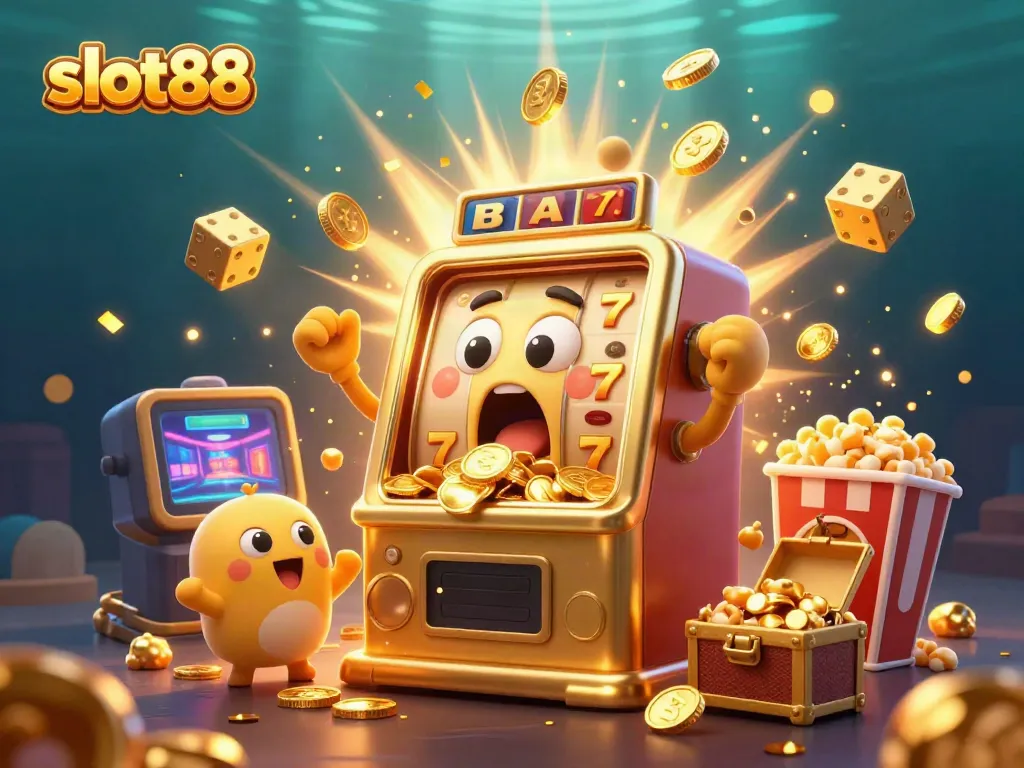 slot88 jackpot celebration with animated slot machines and gold coins spilling, vibrant casino elements included