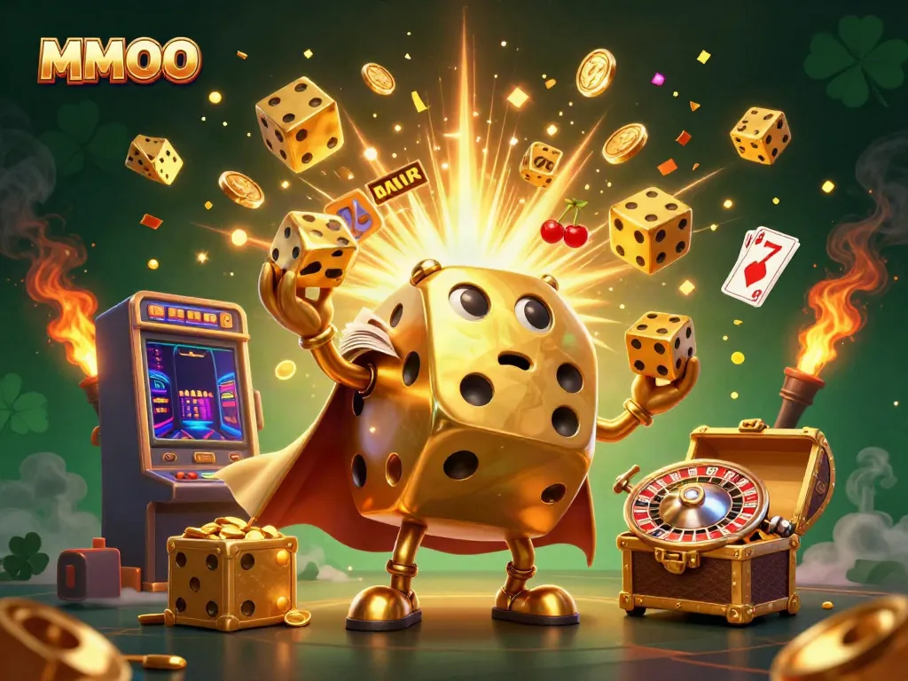 Experience relentless winning with MMOO, featuring a golden dice golem in a vibrant casino scene.
