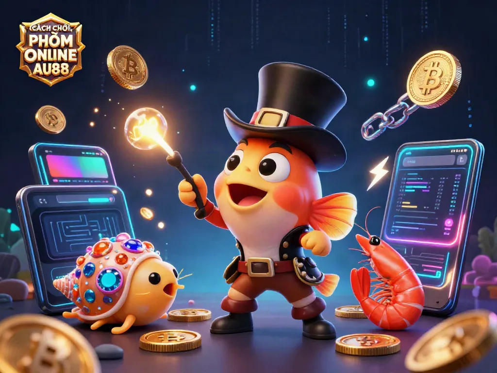 Engage in CÁCH CHƠI PHỎM ONLINE AU88 with vibrant cartoon characters and glowing coins in a captivating casino scene.