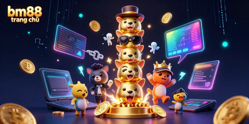 Experience thrilling gambling with the vibrant bm88 trang chủ 3D totem pole and crypto elements in a lively casino scene.