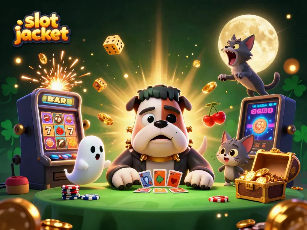 Experience thrilling slot jackpot excitement with a cartoon Frankenstein bulldog monster and friends at a casino table.