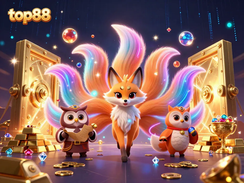 Experience top88's vibrant gaming world with a nine-tailed fox and wise owl amid treasures.