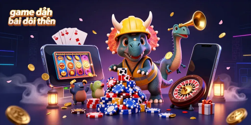 Engage in game đánh bài đổi thưởng fun with a lively 3D casino scene featuring dynamic characters and exciting game elements.