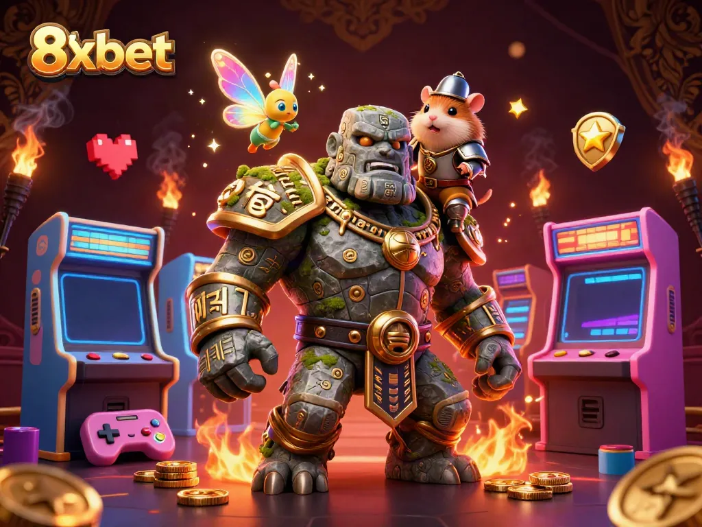 Experience thrilling gaming with 8xbet's vibrant illustration featuring mythical characters and casino elements.