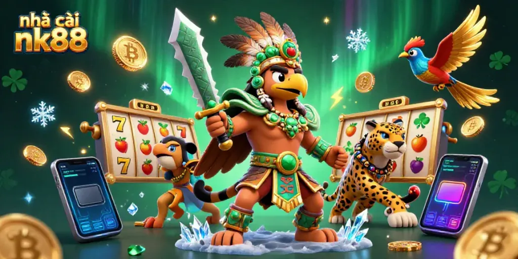 Experience thrilling games at nhà cái nk88 with vibrant slot reels and an Aztec warrior theme.