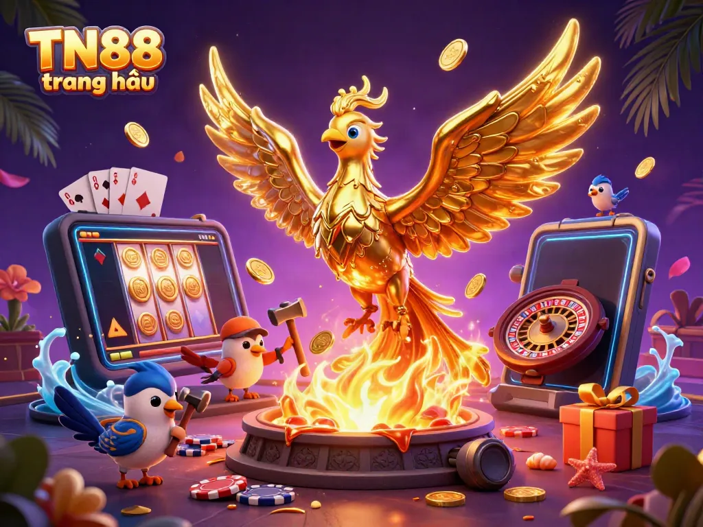 Play thrilling games at TN88 trang chủ featuring a golden phoenix and vibrant casino elements.