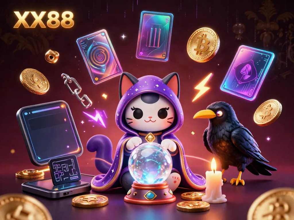 Experience the magic of XX88 with vibrant 3D characters and cryptocurrency elements in this immersive gaming illustration.