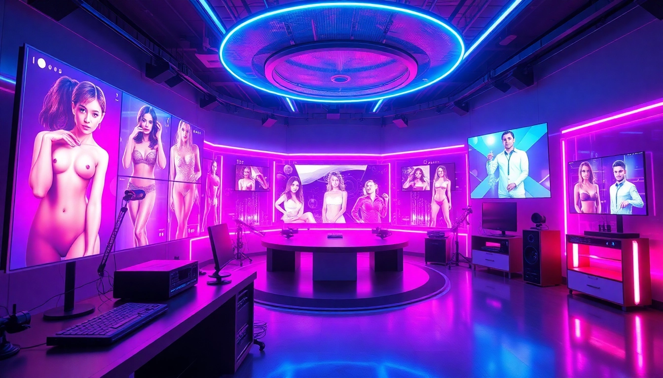 AI porn technology showcased in a futuristic digital environment with vibrant neon lights.