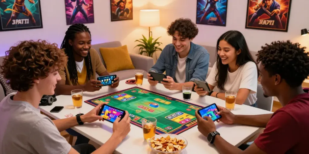 Exciting group gaming night with friends playing 3 Patti no1 on smartphones