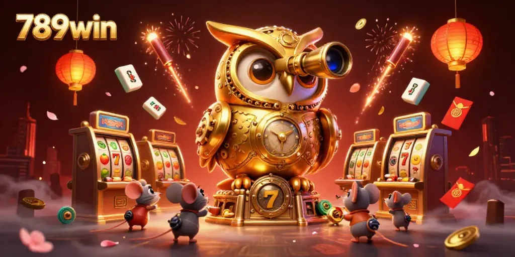 Engage with the dynamic casino atmosphere of 789win, featuring a golden owl and lively gaming elements.