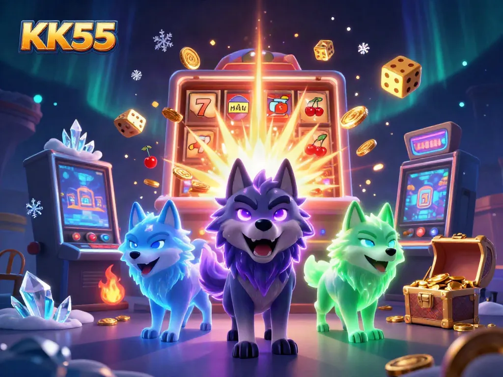 Experience thrilling games at KK55 with slot machines and ghostly wolves in a vibrant casino scene.