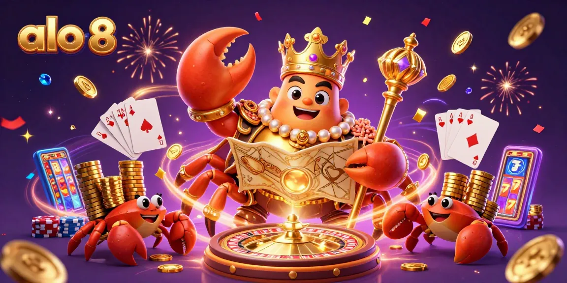 Alo 8 showcases a lively casino scene with golden crab emperor and vibrant game elements.