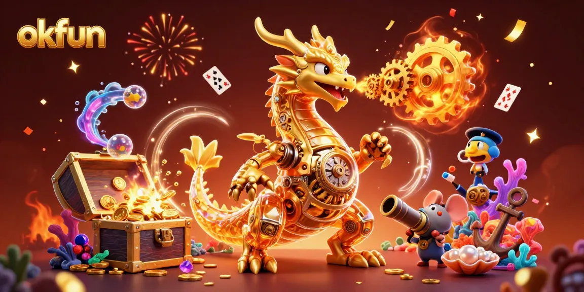 Experience the thrill of okfun with a dazzling scene featuring a golden dragon and interactive casino elements.