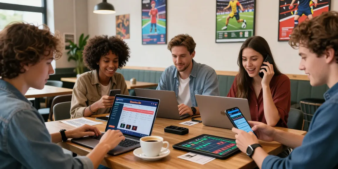 Young adults enjoying esportivabet betting experience at a lively cafe.
