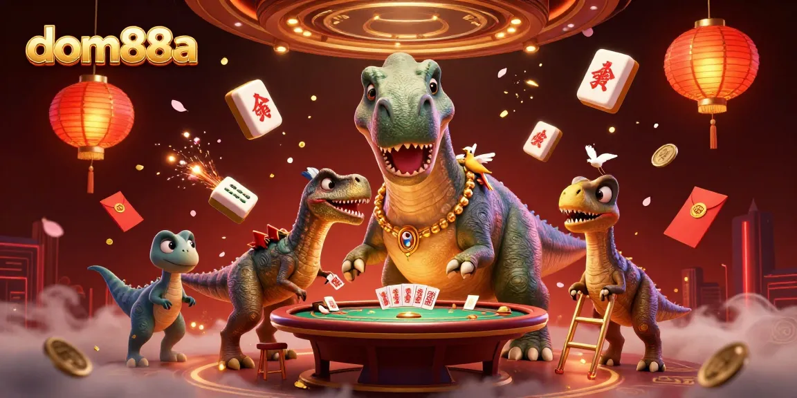 Experience dom88a as the brontosaurus towers over a vibrant casino scene filled with poker excitement and festive decor.
