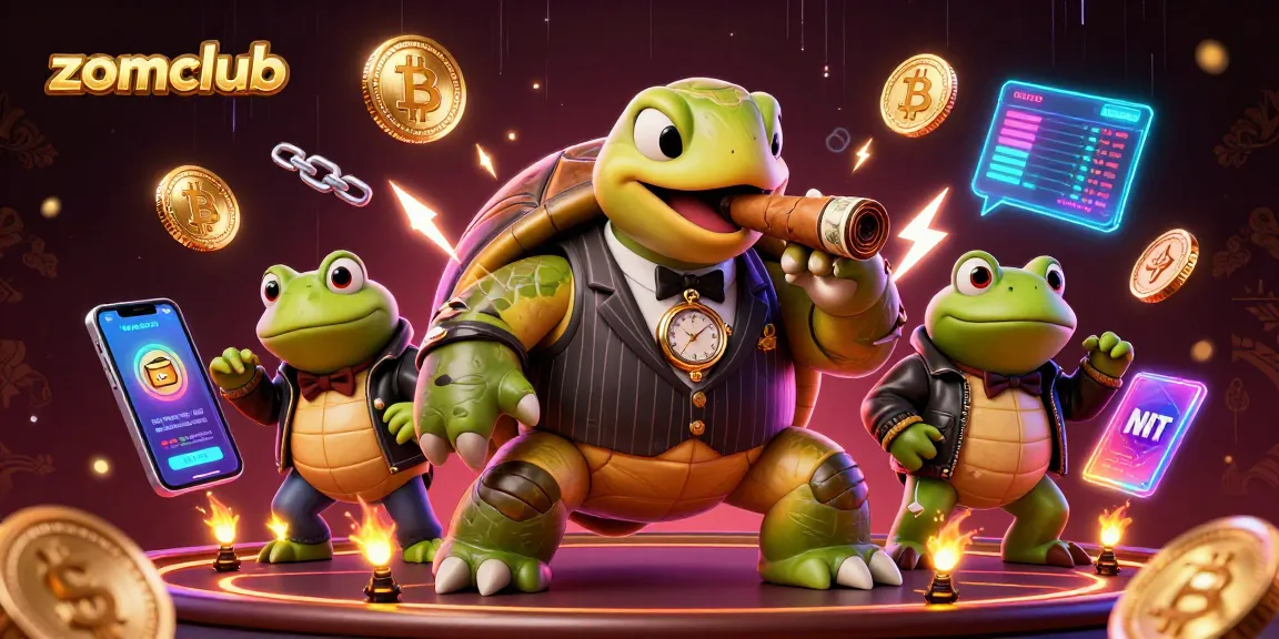 Zomclub presents a vibrant scene of a snapping turtle mobster and bullfrog enforcers amidst glowing crypto coins on a dynamic casino floor.