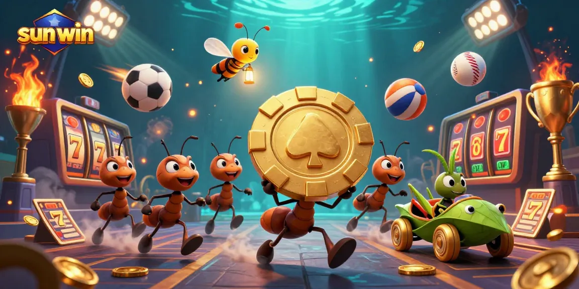 Sun-win heist scene with animated ants stealing a giant poker chip and surrounded by gold coins.