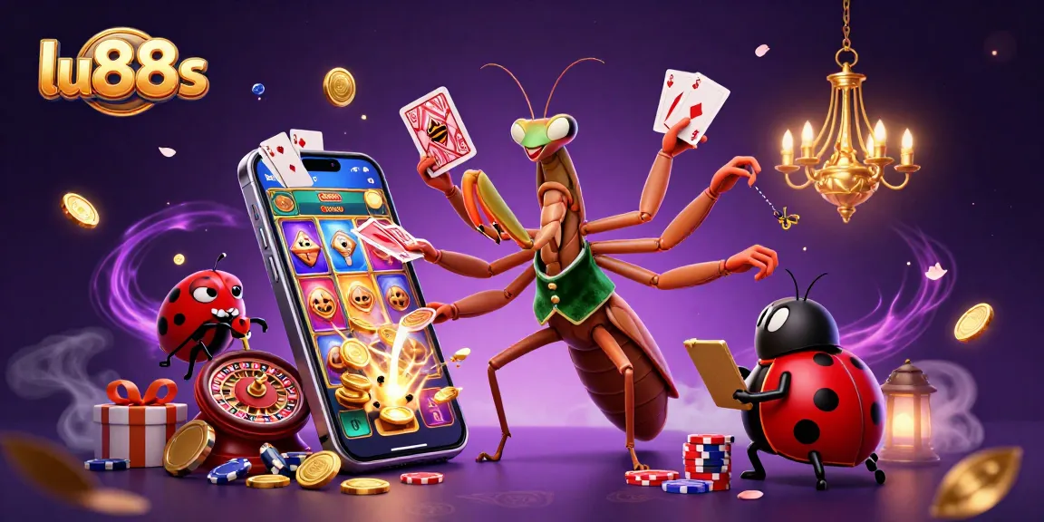 lu88s showcases a vibrant casino scene with a 3D praying mantis card sharp emphasizing engaging gaming action and excitement