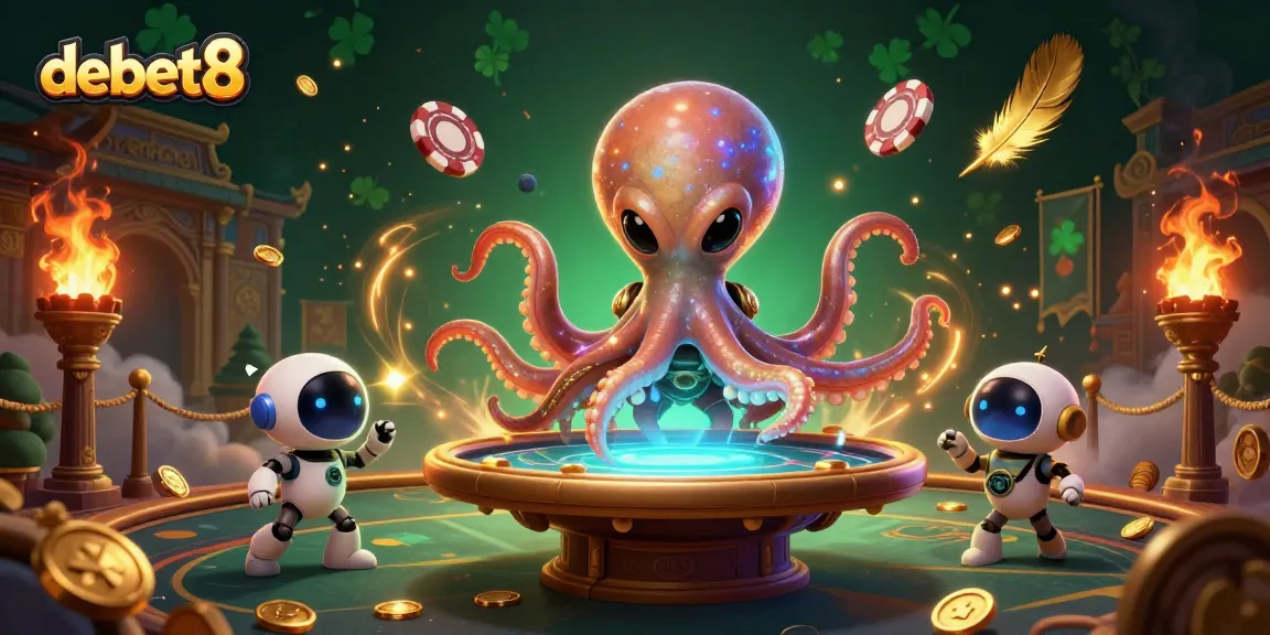 Engage in thrilling poker with debet8, featuring a cosmic octopus and vibrant gameplay elements.