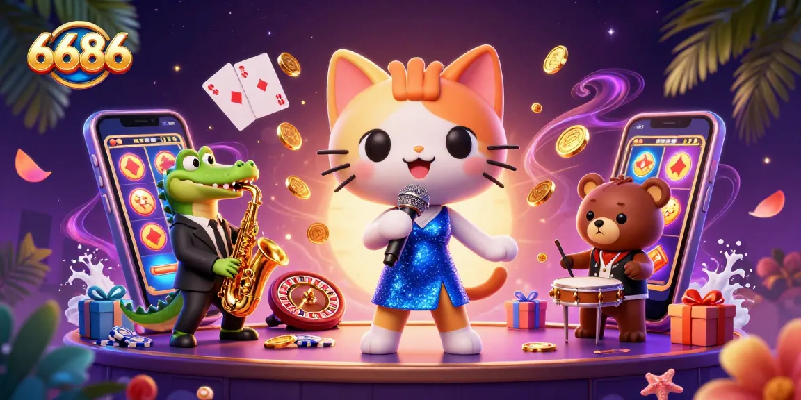 Play slots at 6686 with animated characters in a vibrant casino scene