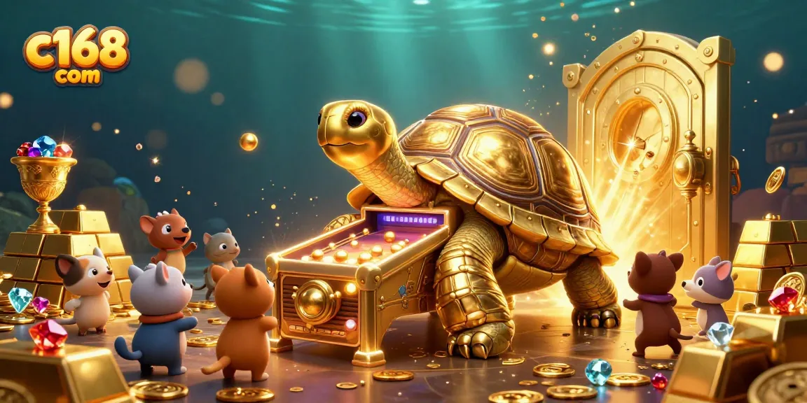 Experience the vibrant fun at c168 com with a colossal tortoise and treasure in this animated casino scene.