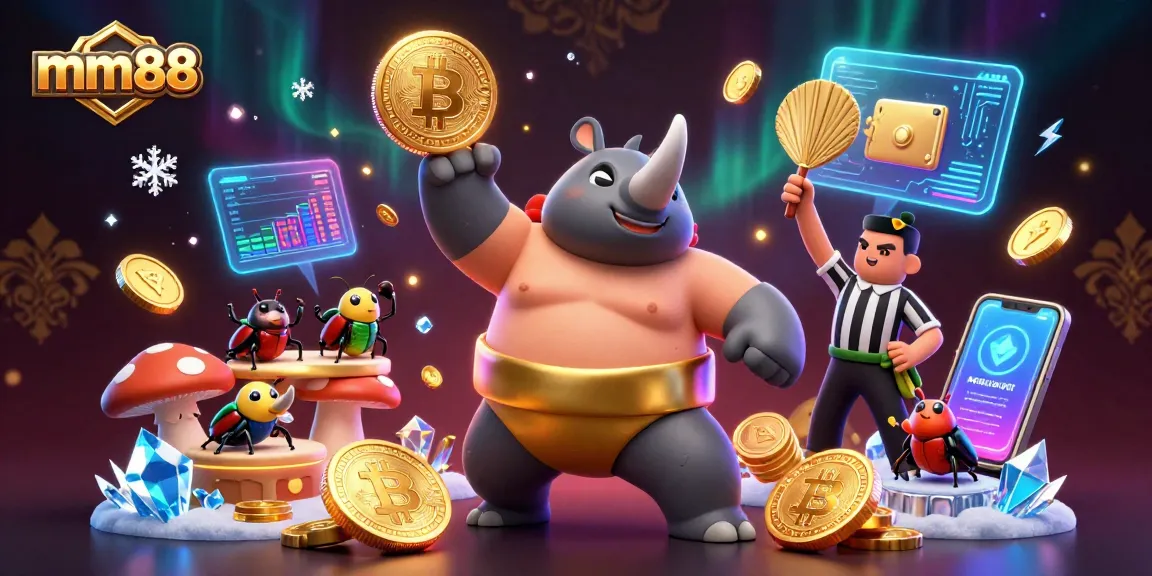 Experience thrilling wins at mm88 with a dynamic 3D casino scene featuring vibrant characters and crypto elements.