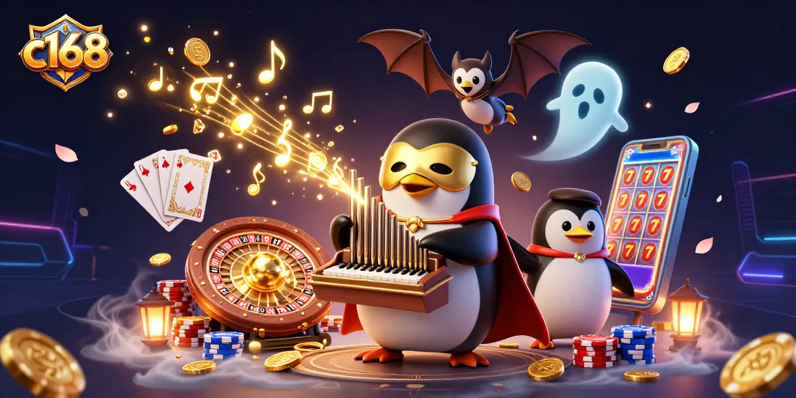 C168 casino adventure featuring a penguin playing a golden organ amidst cascading coins and acrobatics.
