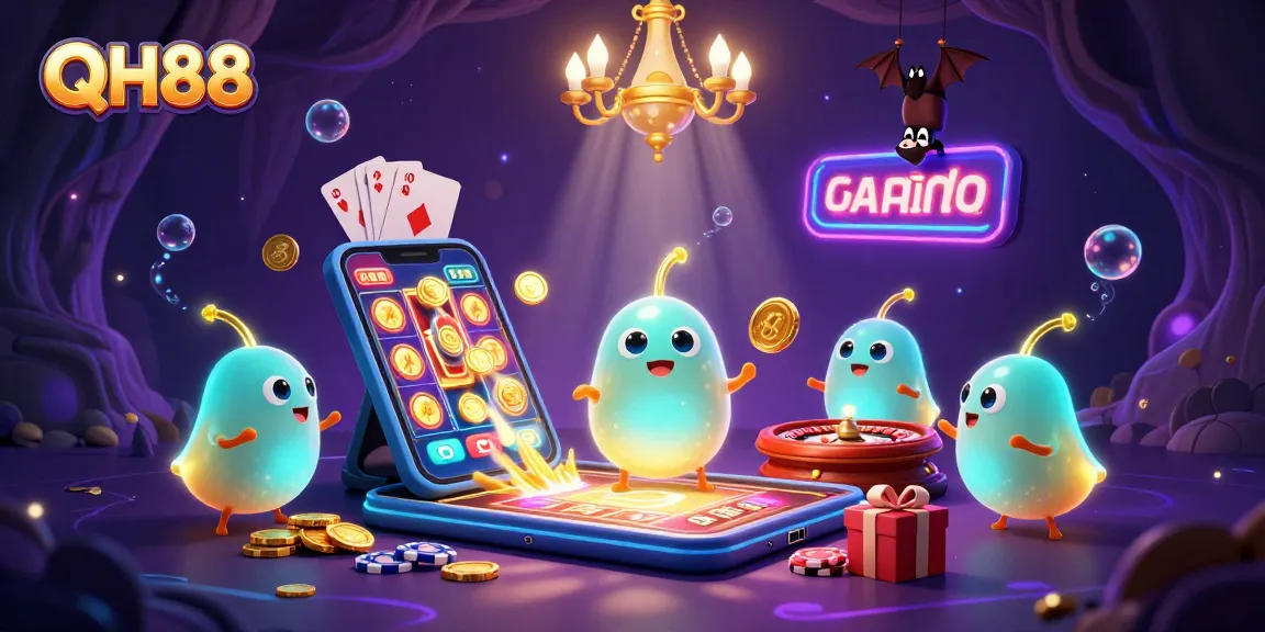 Experience the thrill of QH88 with glowworms lighting up a vibrant cave casino scene.