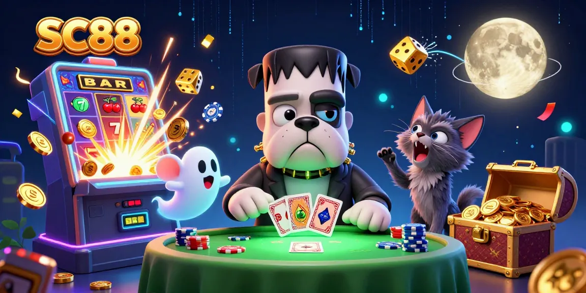 Engage in thrilling card games with SC88, featuring a cartoon monster dealer at a lively casino.