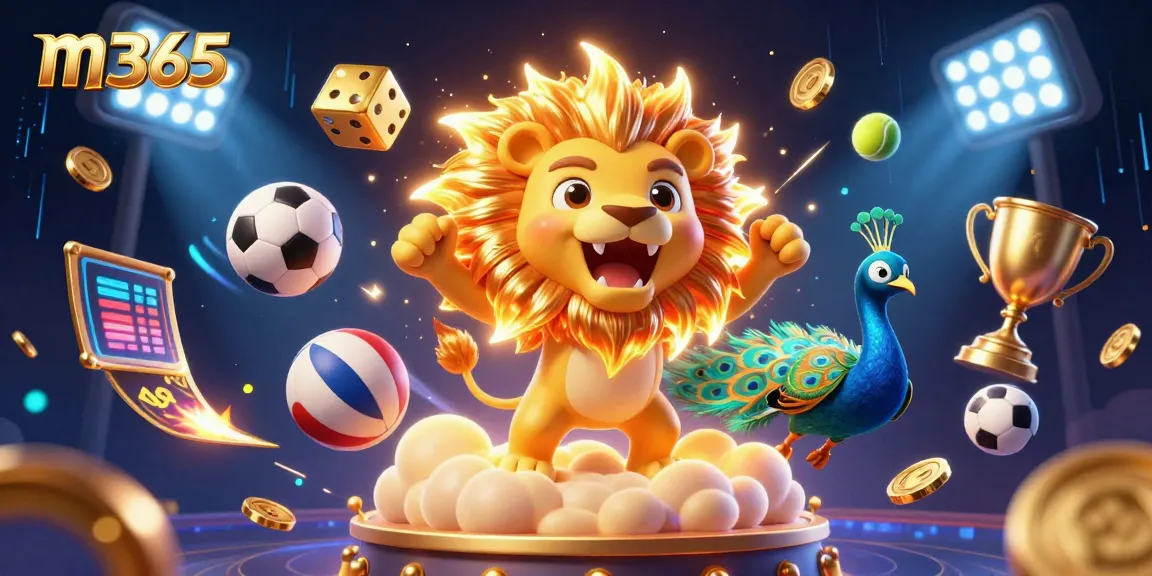 Win big with m365 at this vibrant casino scene featuring a roaring lion and golden dice.