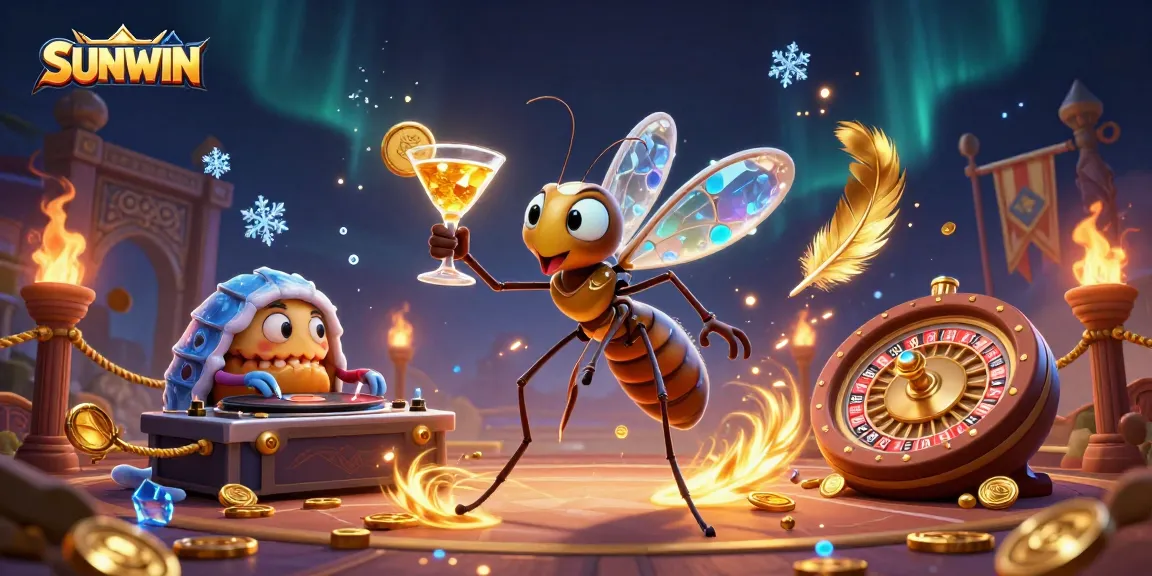 Experience SUNWIN excitement as a 3D mosquito casino mascot holds a golden cocktail amidst dynamic gaming elements.