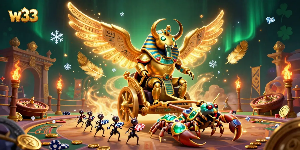 Experience a lively scene at w33 Casino featuring a golden scarab and scorpions celebrating gaming.