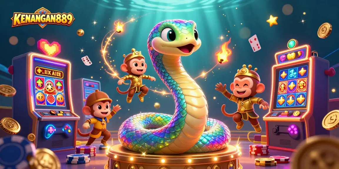 Experience the excitement of KENANGAN889 with vibrant games and dynamic characters in a casino-themed illustration.
